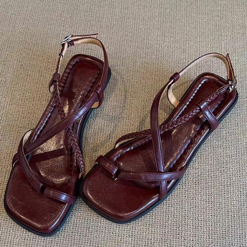 

Sheepskin~ Temperament French toe-woven cross-strap sandals women s fashion niche age-reducing versatile thick-heeled Roman shoes 39