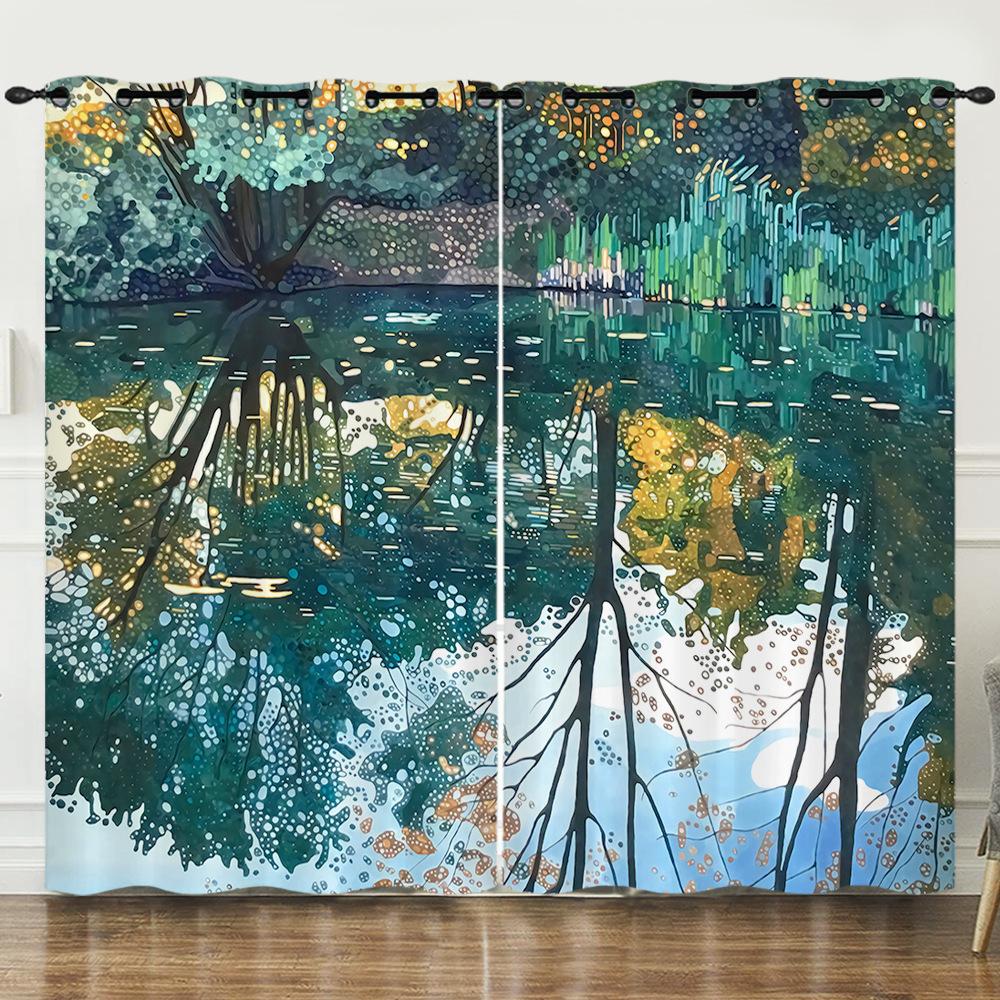 Curtain Oil Painting Landscape Firefly 3D Digital Printing Blackout Curtain Punching
