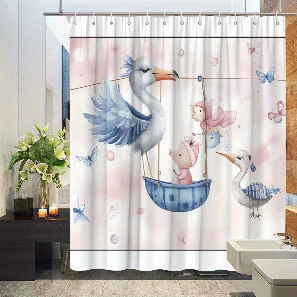 Funny Stork & Chick Shower Curtain - Watercolor Style,Animal & Nature Pattern,Polyester Fabric,Bathtub Divider,Includes 12 Hooks