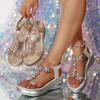 Fashion Gold Silver Rhinestone Flower Wedge Sandals Women Transparent Pvc Platform Sandals Woman Summer Thick Sole Non Slip Beach Shoes