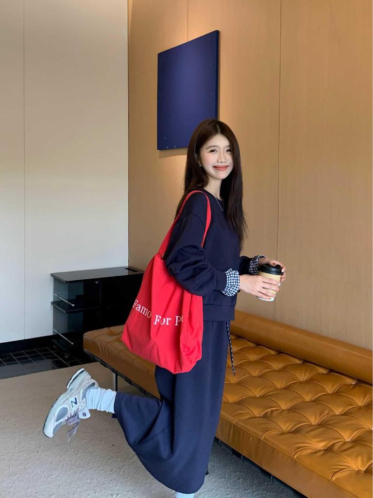 Dark Blue Casual Hoodie & Skirt Set for Women - Korean Style 2026 Spring Collection, Loose Fit, Sporty Two-Piece.
