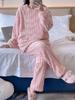 Pigiama da Donna Carino Cartone Animato Girocollo in Flanella - Caldo Set Homewear in Pile Corallo a Strisce per Autunno e Inverno