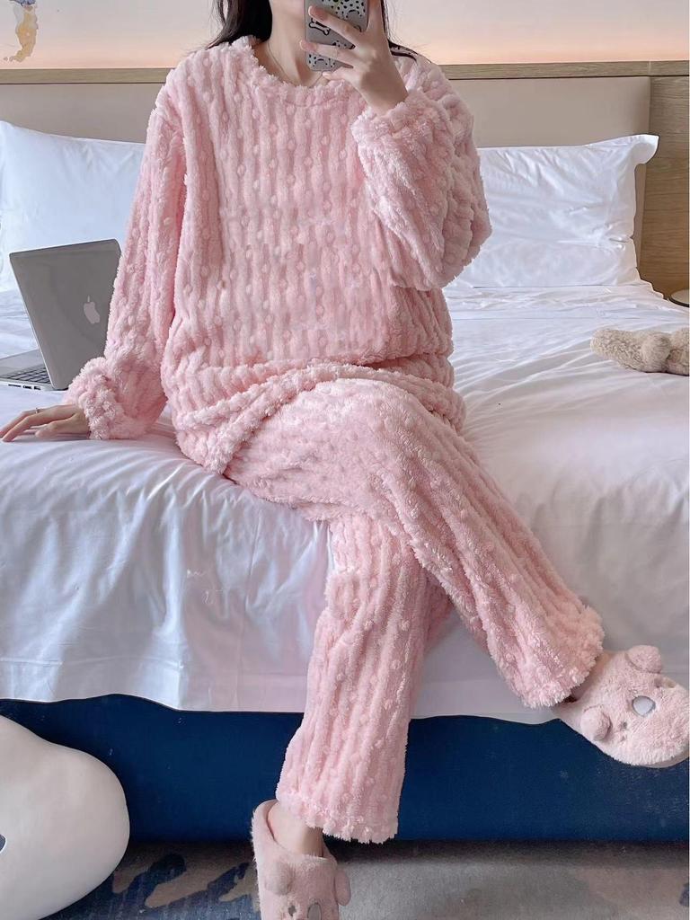 Pigiama da Donna Carino Cartone Animato Girocollo in Flanella - Caldo Set Homewear in Pile Corallo a Strisce per Autunno e Inverno