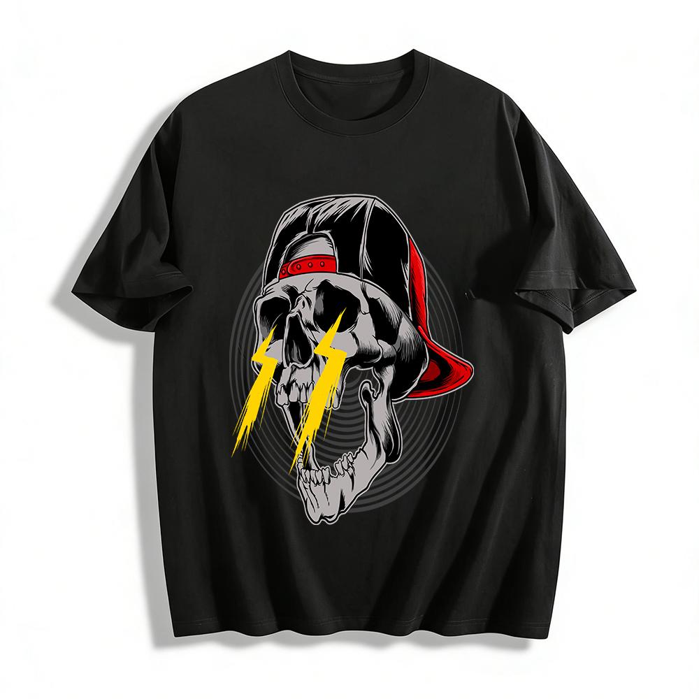 Street Trendy Lightning Skull Print Unisex Casual Crewneck Top Pure Cotton T-shirt