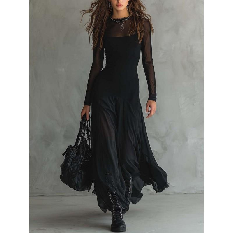 European American Women s Clothing New Sexy Elegant Mesh Splicing Long Dress XL