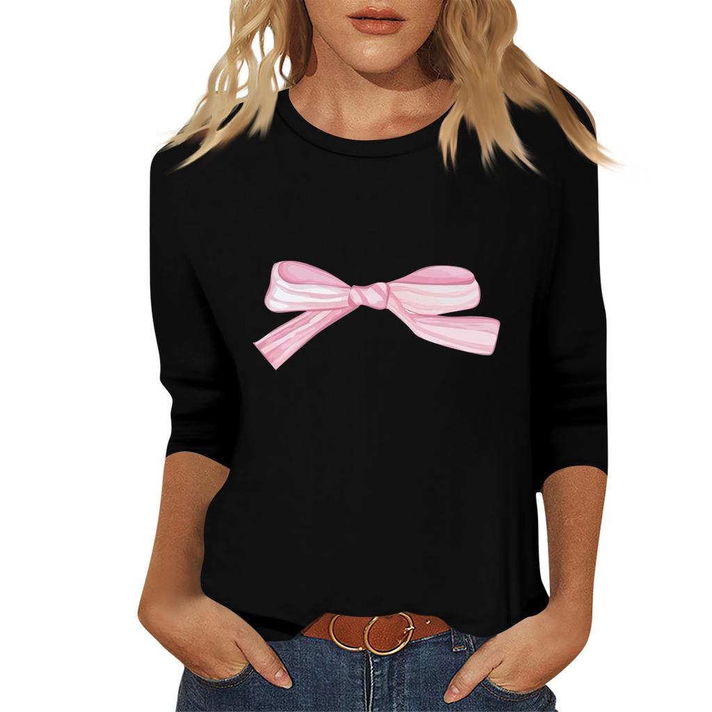 Ladies' Fashionable And Casual Seven Quarter Sleeve Bow Printed Pullover Top