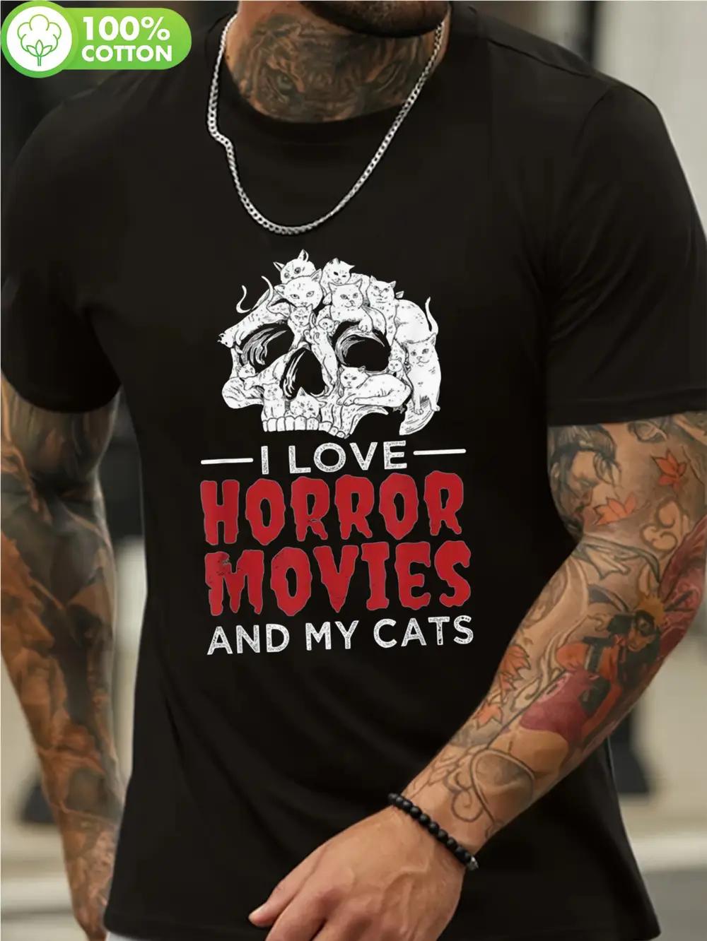 

I Love Horror Movies & My Cats Graphic T-shirt - 100% Cotton Short Sleeve Tee with Bold Red Lettering & Skull Cat Design S
