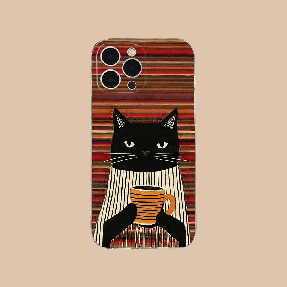 Cute Coffee Cat Clear TPU Mobile Case for iPhone 17 16 15 14 13 12 11 X XR XS Air Pro Max Plus Mini Colorful Cover