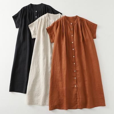 Summer Casual Japanese Women Pleated Short Sleeve Dress Vintage Loose Comfortable A-line Mid Length Dresses