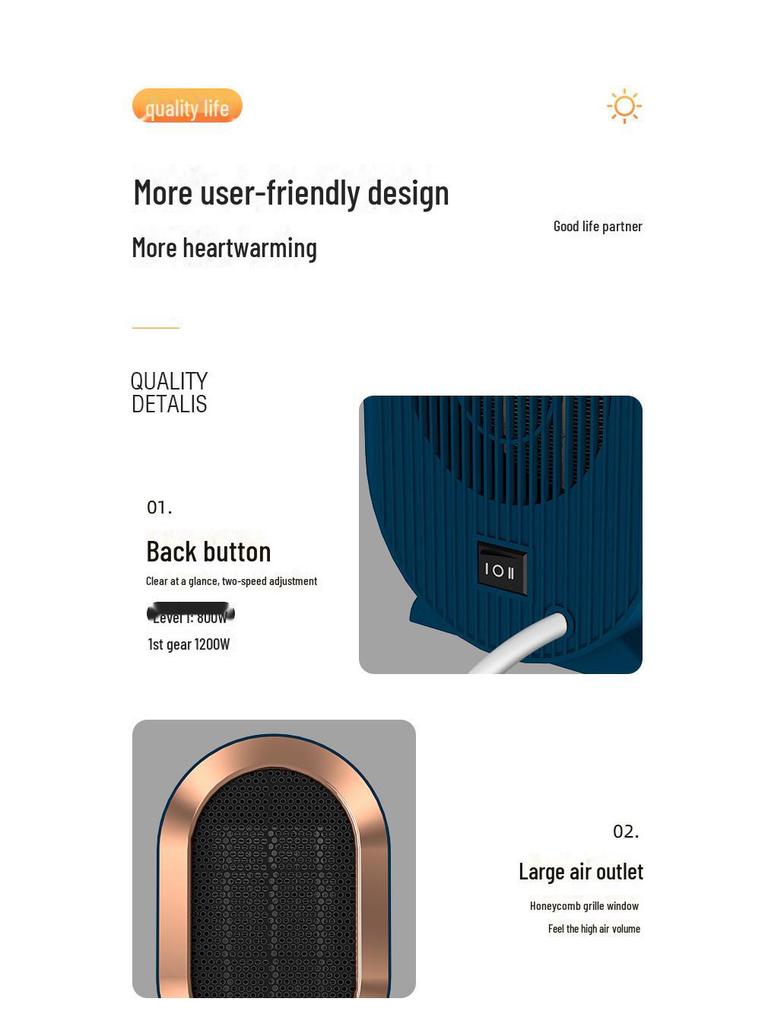 1200W Desktop PTC Electric Heater for Home, Office, and Dorms