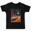 Metallic Color Retro Futuristic Sports Car and an Extraterrestrial Desert Landscape At Night with Starry Sky Kids T-Shirt