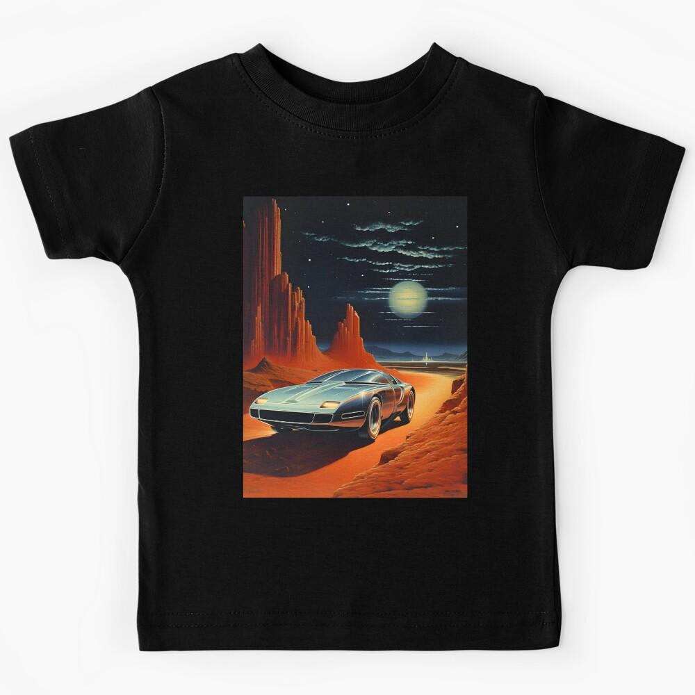 Metallic Color Retro Futuristic Sports Car and an Extraterrestrial Desert Landscape at Night with Starry Sky Kids T-Shirt 110
