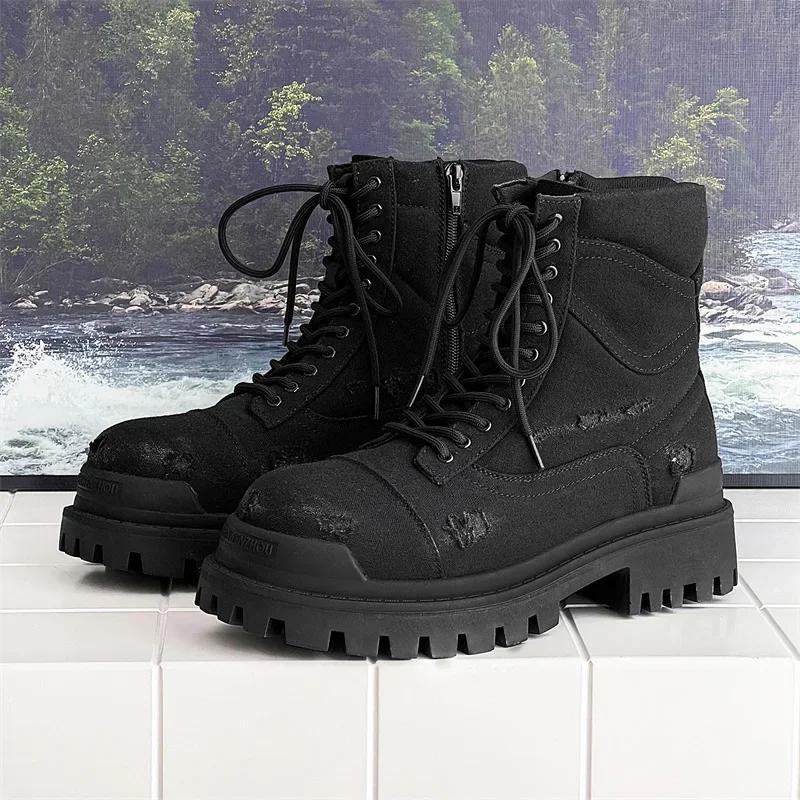 Autumn Winter High-top Motorcycle Boots for Men Lace-up Do-the-old Thick Bottom Short Ankle Boots with Zipper Man Black Boots