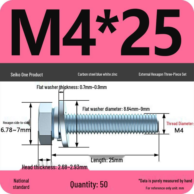 Grade 8.8 Galvanized Hex Bolt Set: Includes Hex Bolt, Spring Washer, Flat Washer (Sizes: M4, M5, M6, M8, M10, M12)