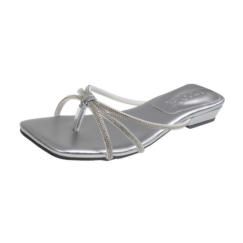 Coarse heel temperament silver rhinestone toe slippers women's shoes wear new summer sandals