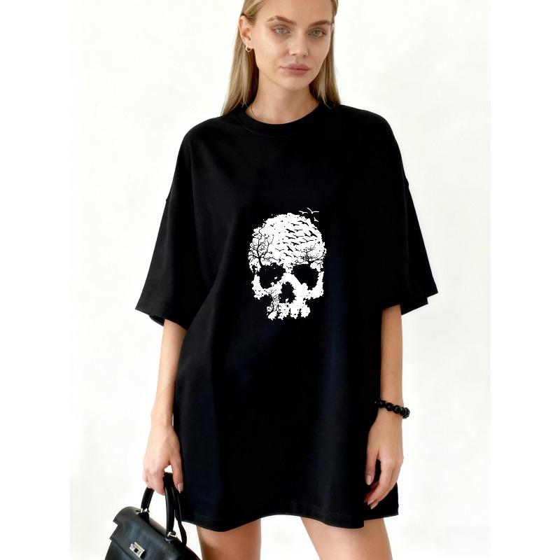 

Oversized T Shirt Dress Black Skull Tree Print Graphic Streetwear Casual Wear XXXXL чорний