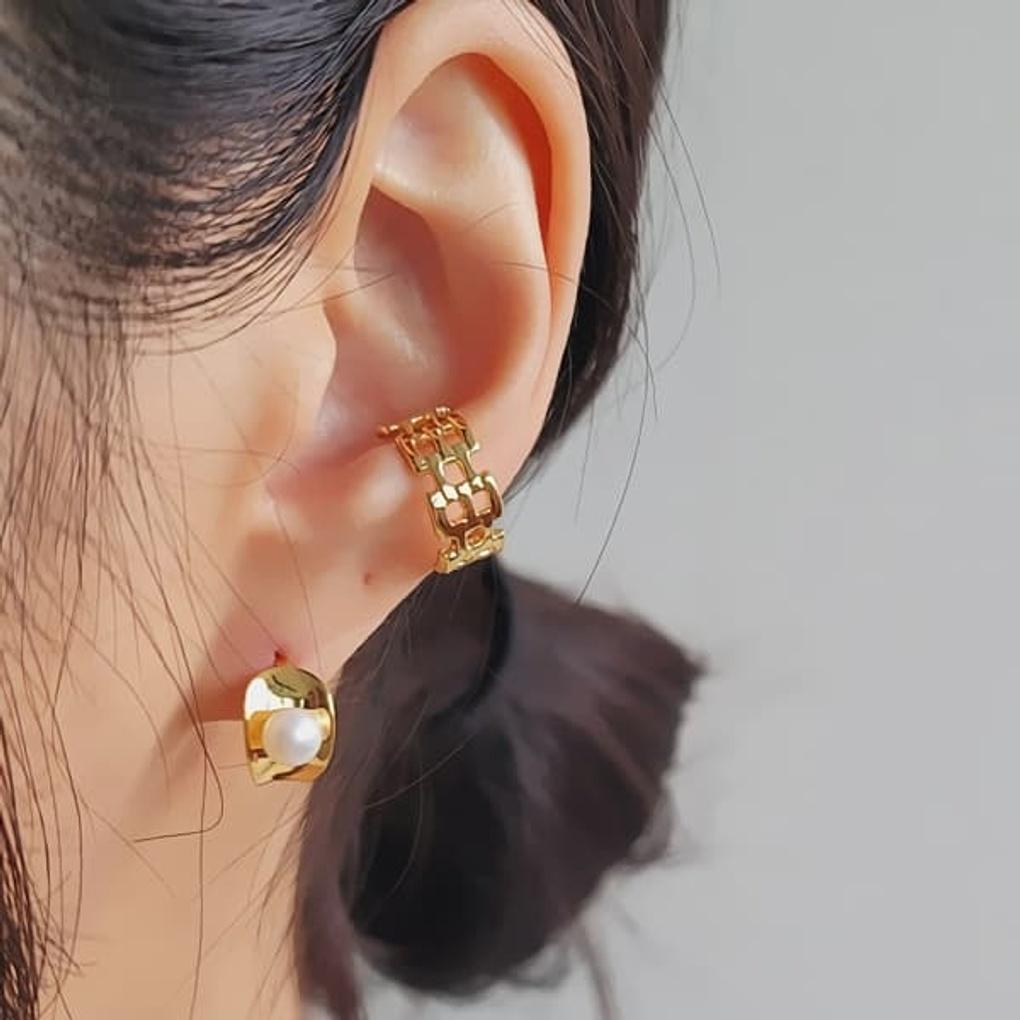 Women's Daily 15K Gold Plated Check Ear Cuff Bracelet Earrings