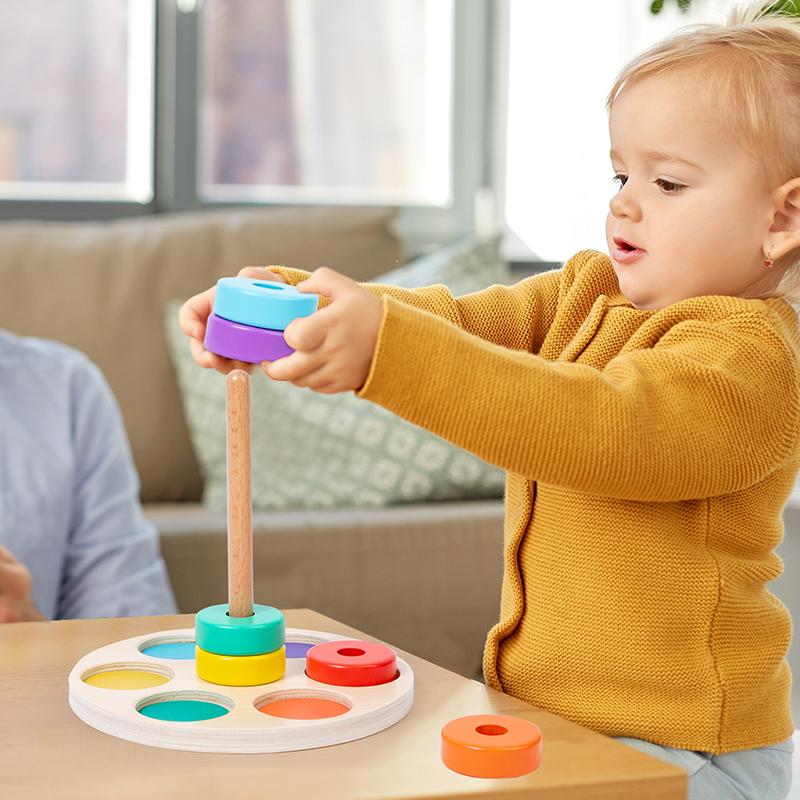 Early education rainbow ring, color cognition enlightenment, hand-eye coordination training, wooden classification column toys