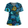 Damen Retro Bedrucktes V-Ausschnitt Doppelpattentaschen Kurzarm Saumschlitz Uniform Pflegeoberteil