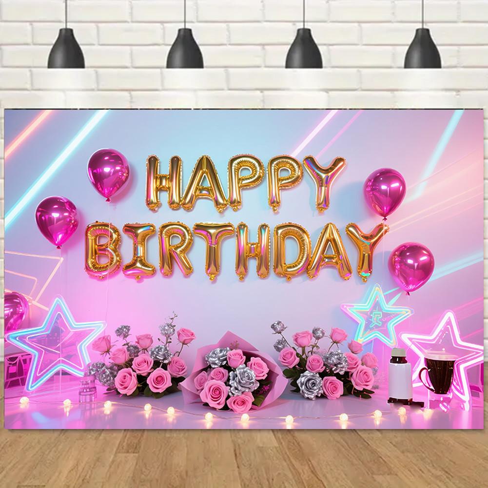 Balloons,Flowers,Stars Theme-Happy Birthday Backdrop Polyester for Photo Booth,Party Event,Indoor/Outdoor Celebrations