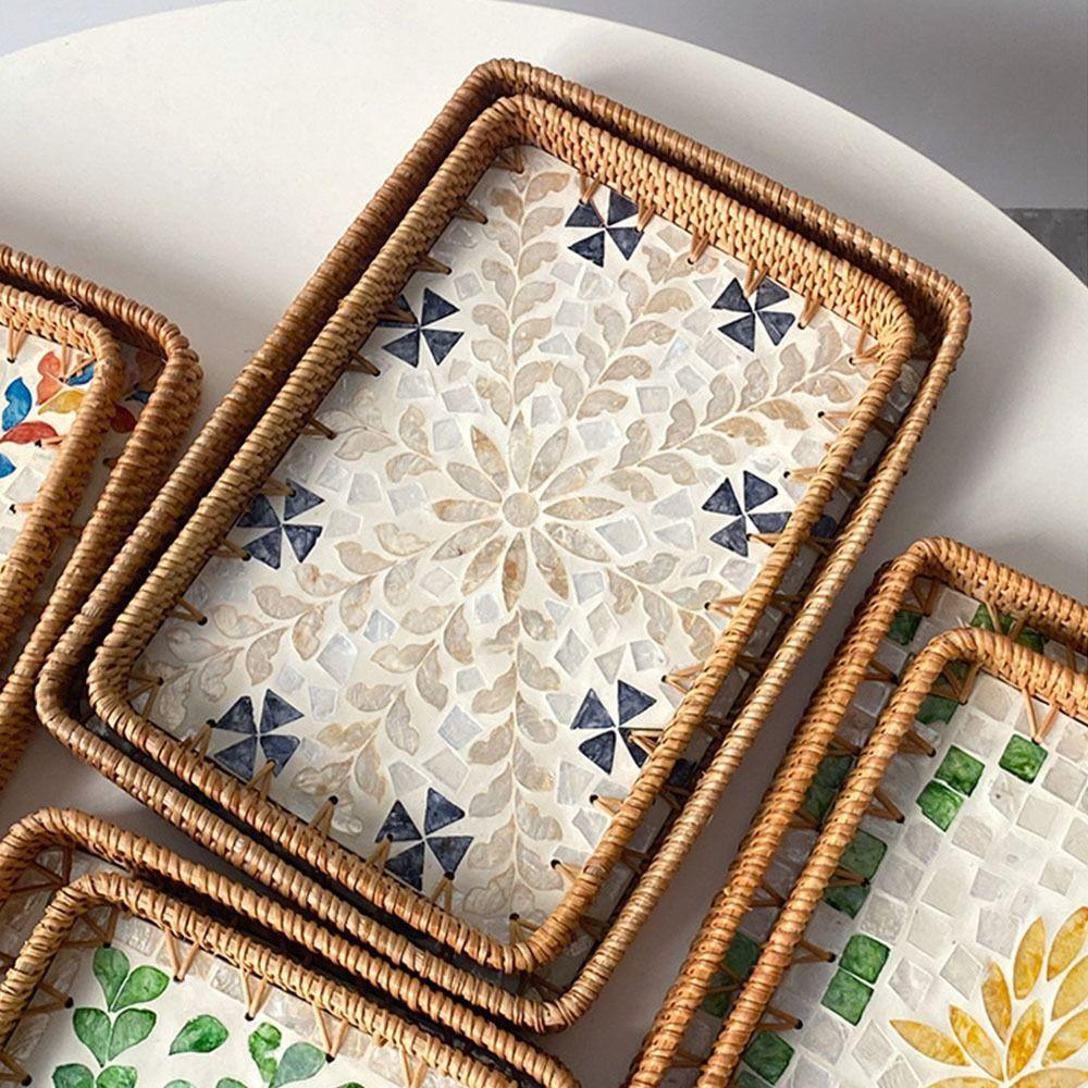 2pcs Rectangular Weaving  Storage Tray Handmade Fruit Dish Basket  Organizer Tray