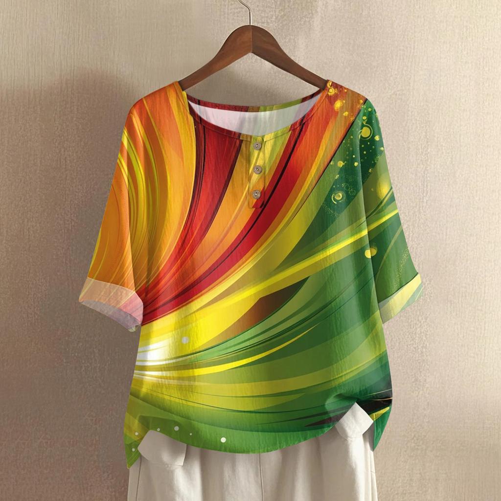 Women's Carnival Printed Casual Mid Sleeve Round Neck Cotton And Hemp Top