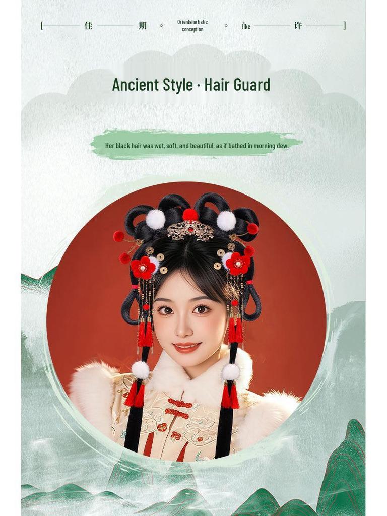 Ancient Hanfu Wig Accessory Set: Sweet Hair Bun with Tassel Flower Headdress for Women