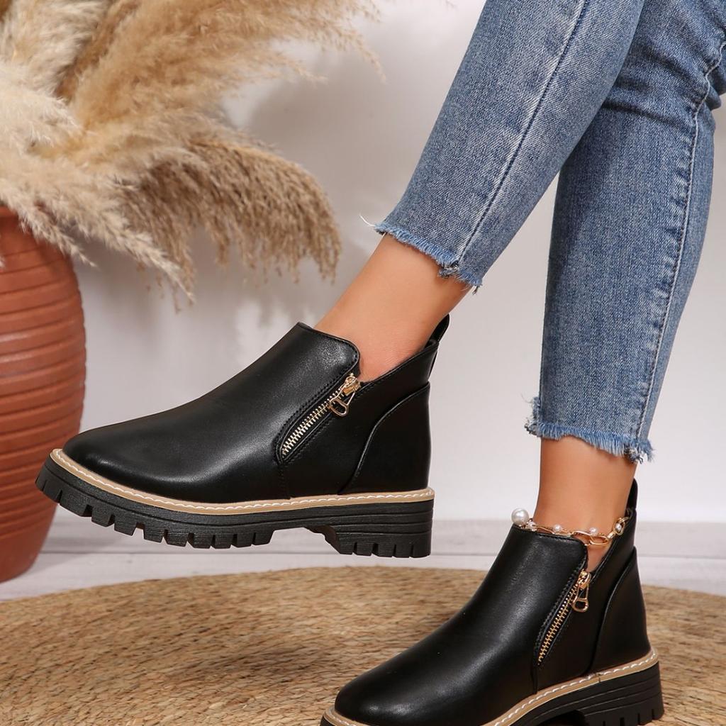 Women's Short Boots Autumn/Winter New Round Head Square Heel Side Zipper Waterproof Platform Women's Shoes