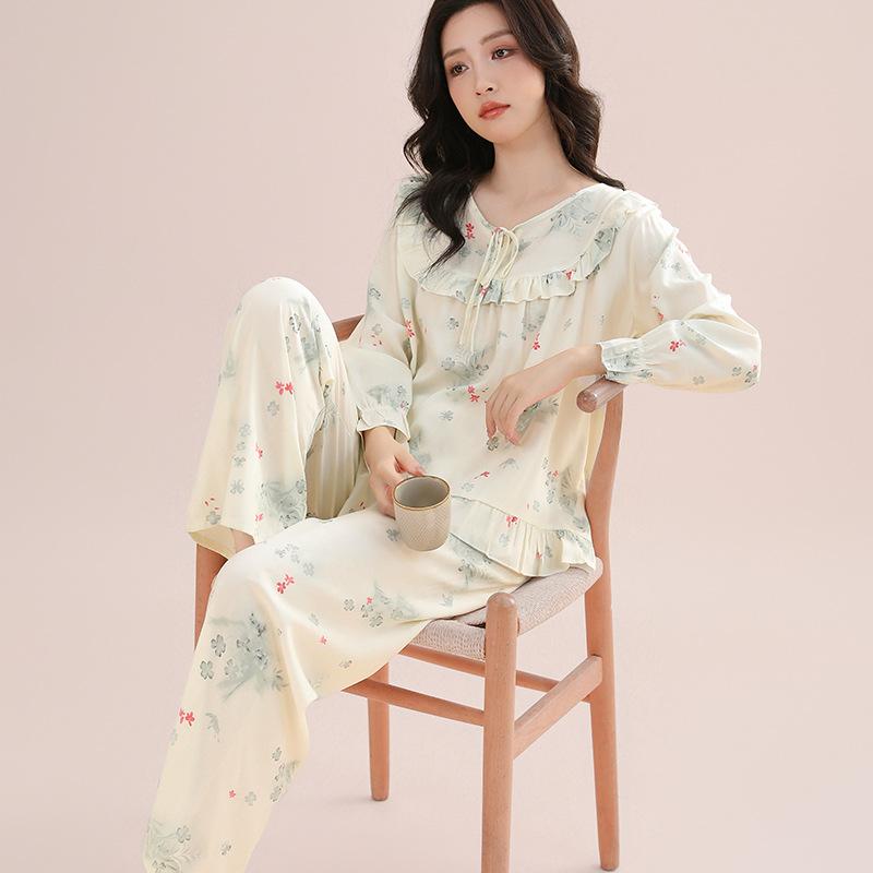 New Women's Cotton Silk Pajamas, Breathable and Loose Double Long Set, Lace Lace Loungewear, Soft and Comfortable