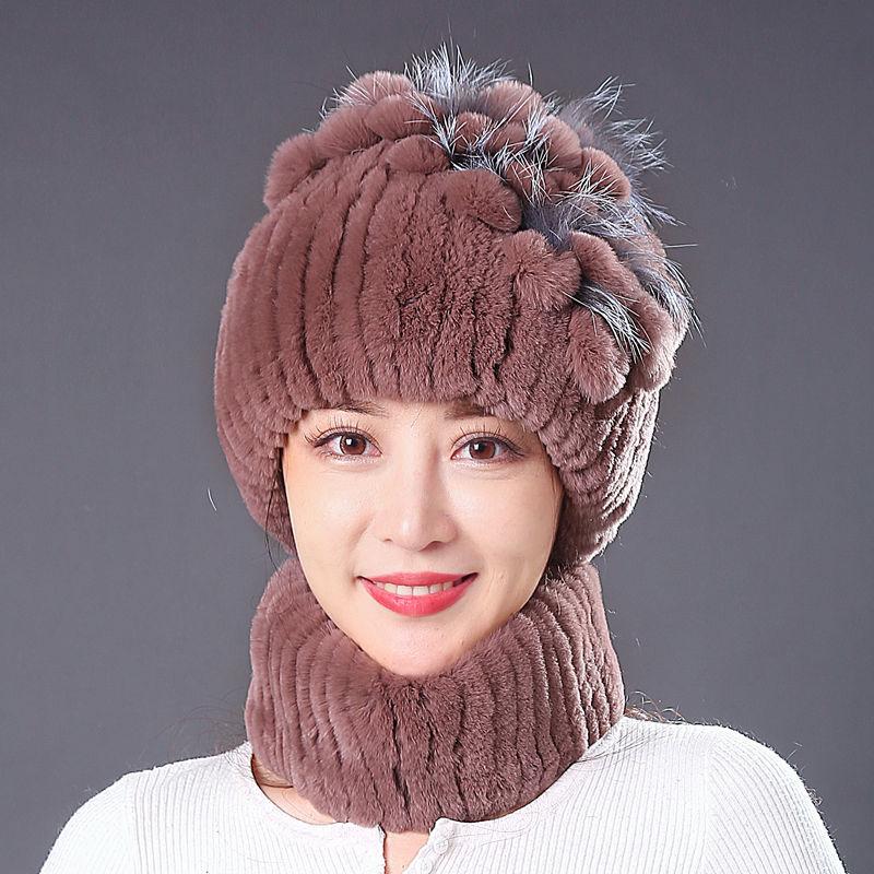 Fur Hat Winter Female Warm Scarf Mother Middle Aged Thickened Rex Rabbit Hair Hat Female Autumn and Winter