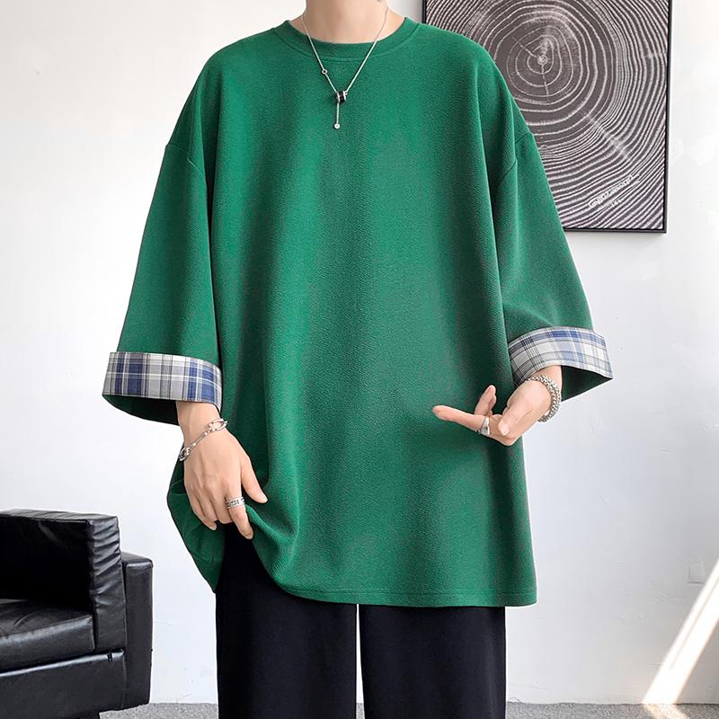 Men T Shirts Summer Men's T-shirts Women Oversized 2XL Korean Style Loose Plaid T-shirt Casual Seven Sleeves T-Shirt Male White