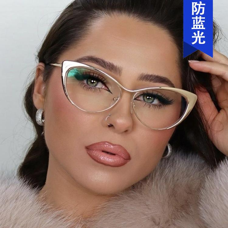 Steel Leather Triangular Cat'S Eye Metal Glasses Frame Anti-Blue Flat Mirror Can Be Equipped With Myopia Glasses Frame