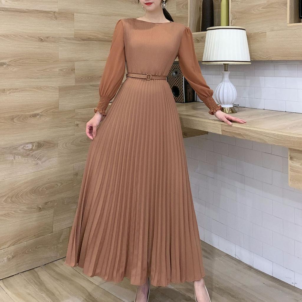 LYRIA Women Slim Pleated Maxi Dress with Belt Female Streetwear Vintage Dress Tie Front Dress  Robe