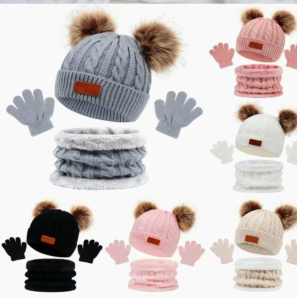 Warm Thicken Baby Hat Scarf Gloves Set Windproof Pompom Knitted Hats Toddler Bonnet  1-5 Years
