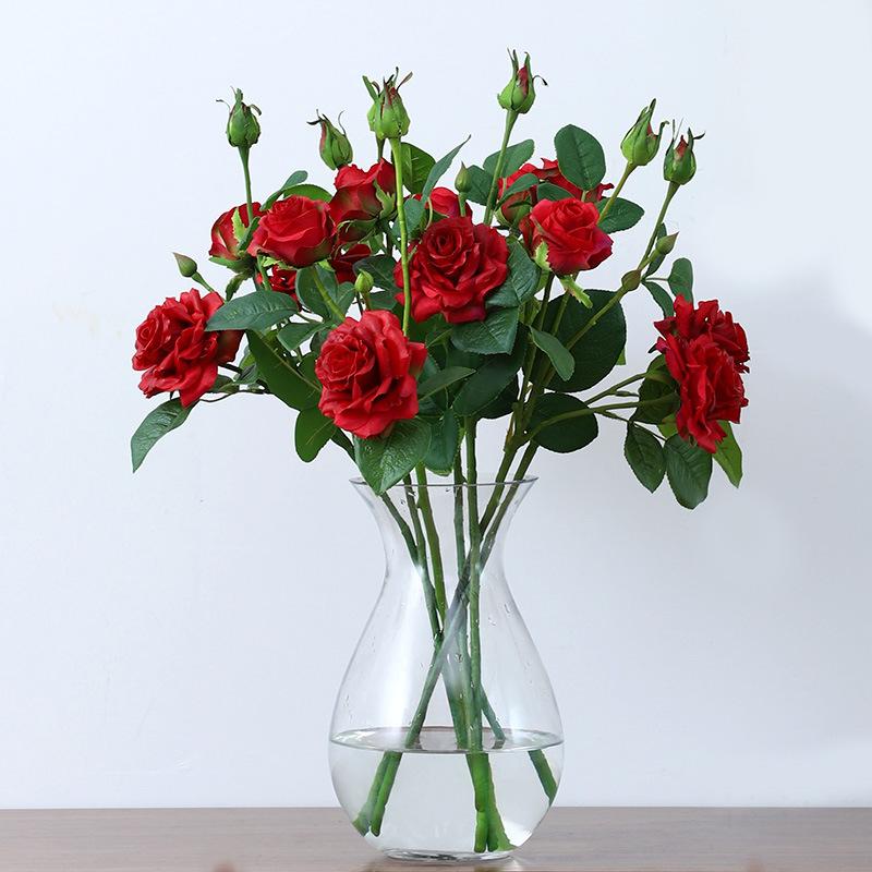 Artificial Flower 3 Head Feel Crimped Rose Wedding Hand Bouquet Feel Home Interior Living Room Decoration Fake Flowers