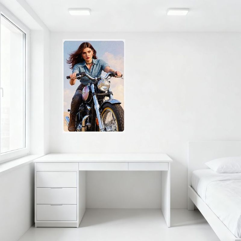 Sexig kvinna på kromad motorcykel Ökenlandskap Plåtskylt Vintage Metallväggdekor för Bar Pub Hemcafé 8x12 tum