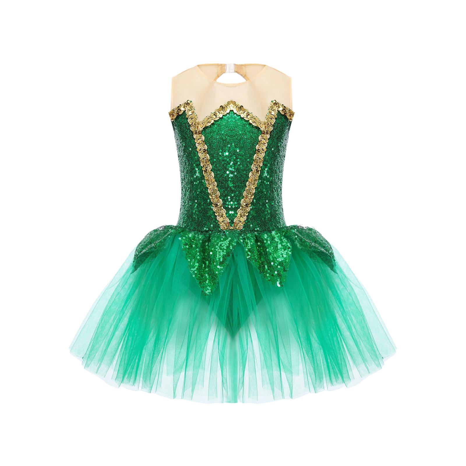 

Girls Halloween Elf Costume Sleeveless Keyhole Back Shiny Sequins Mesh Tutu Dress Bodysuit Cosplay Jumpsuit 9-10 Years зелений
