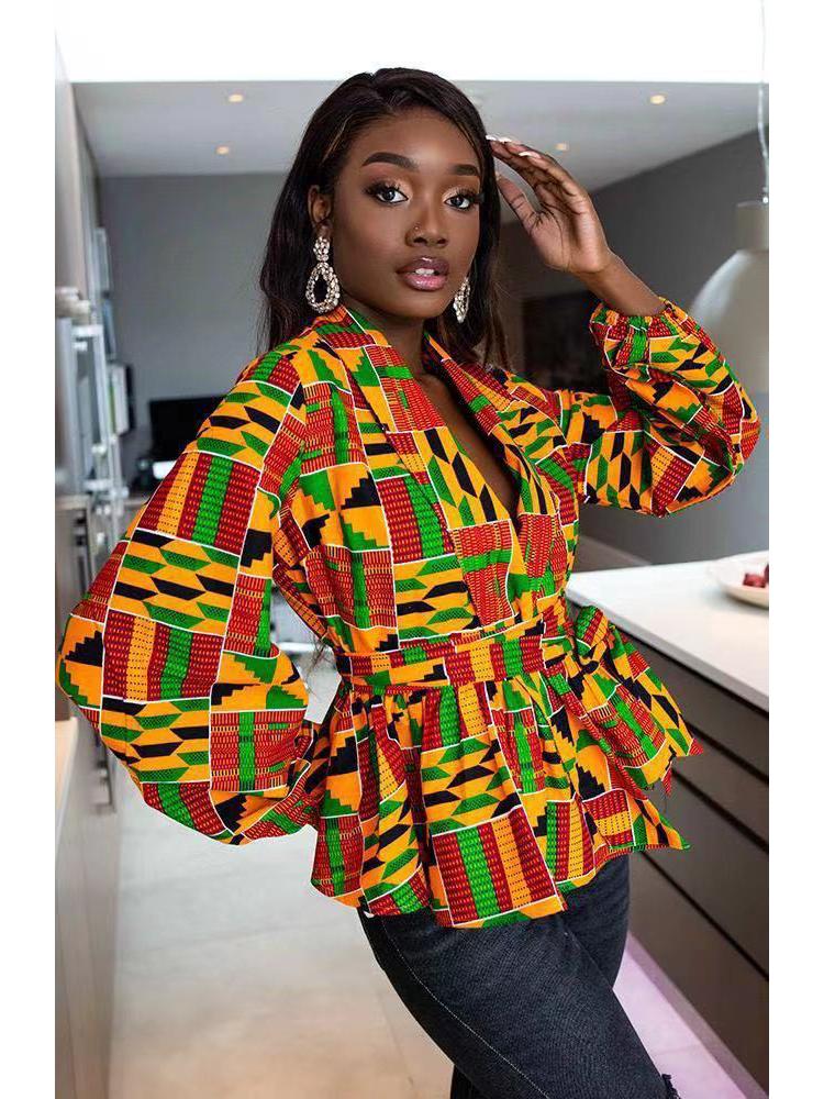 

Кардиган с запахом и V-образным вырезом из ткани с африканским принтом и рукавами-фонариками для женщин XXXL