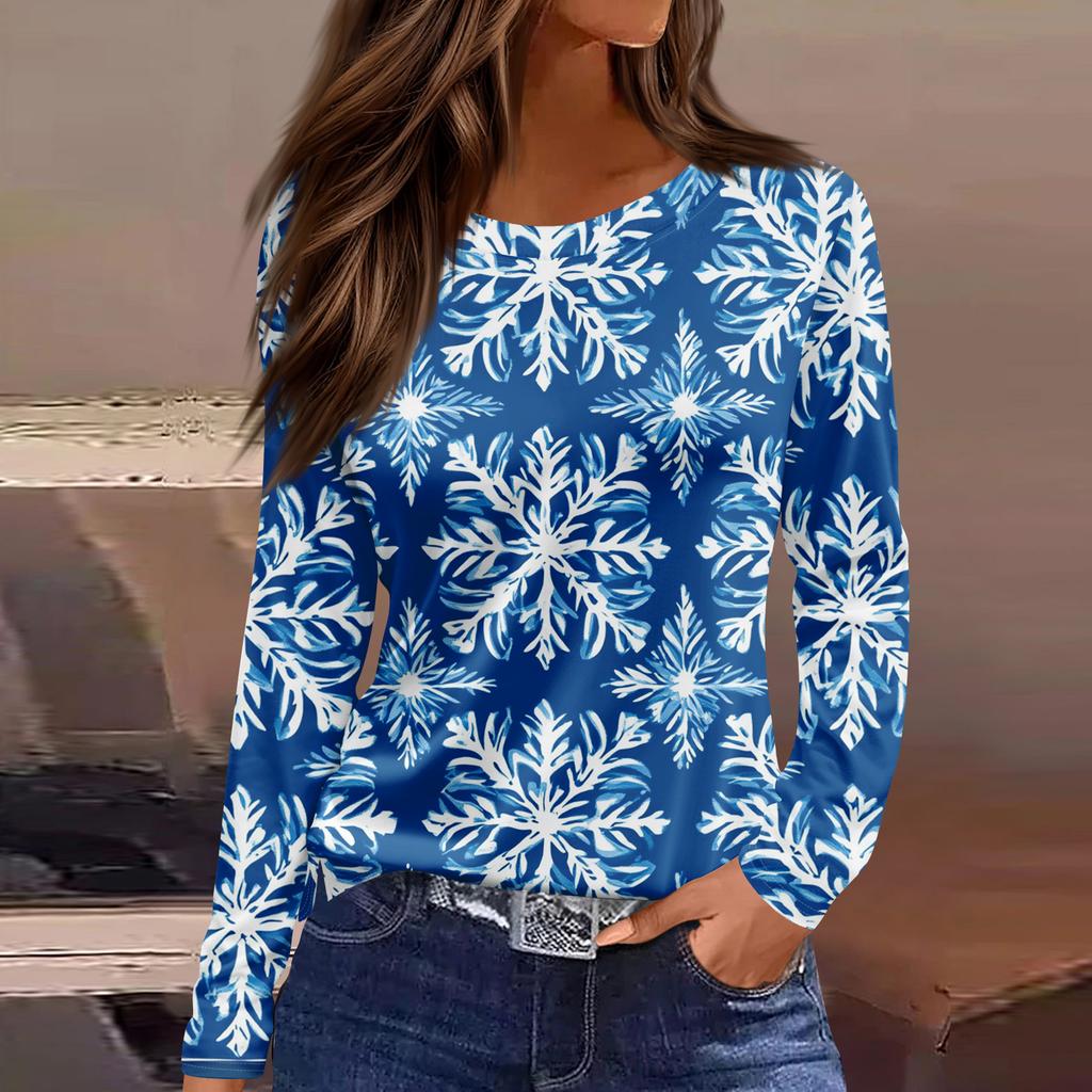 Women's Fashion Casual Slit Hem Round Neck Long Sleeve Loose Christmas Printed T-Shirt Ladies Top