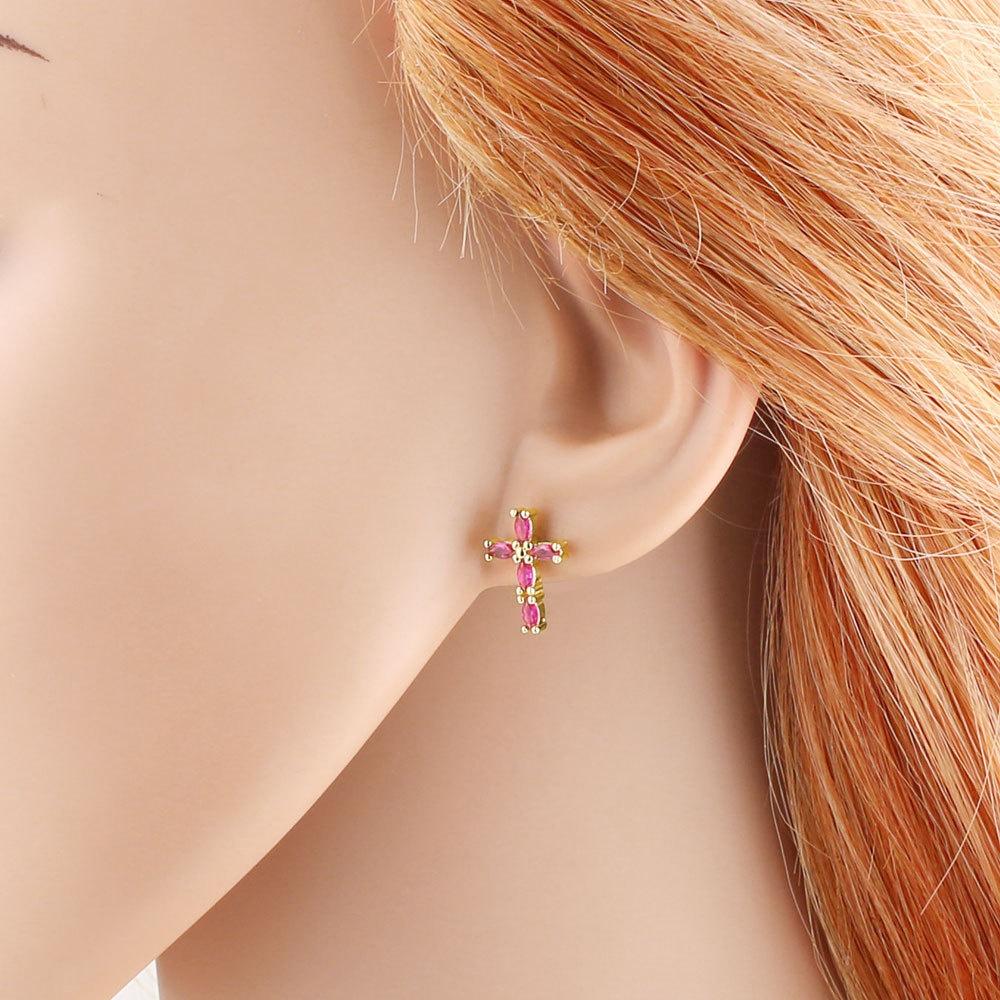 Elegant Female White Rose Red Zircon Cross Skeleton Heart Stud Earrings Trendy Fashion Gold Color Wedding Jewelry For Women