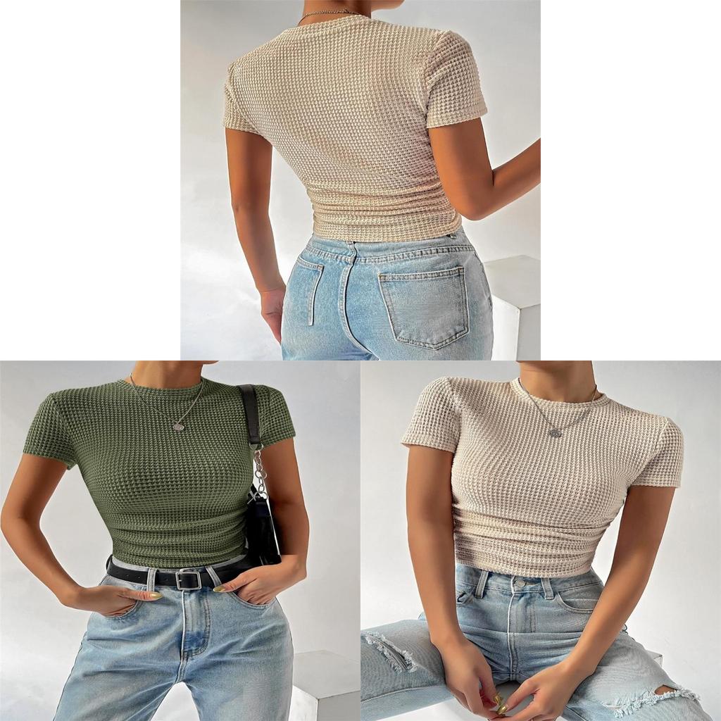 Spring Summer Slim Fit Knit Tshirt With Pleated Detail For Casual Streetwear