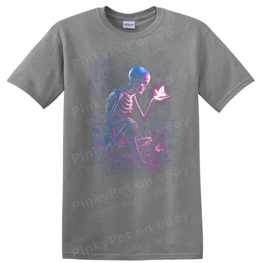 Skeleton Butterfly T Shirt Graphic Art Floral Design Halloween Theme Tee