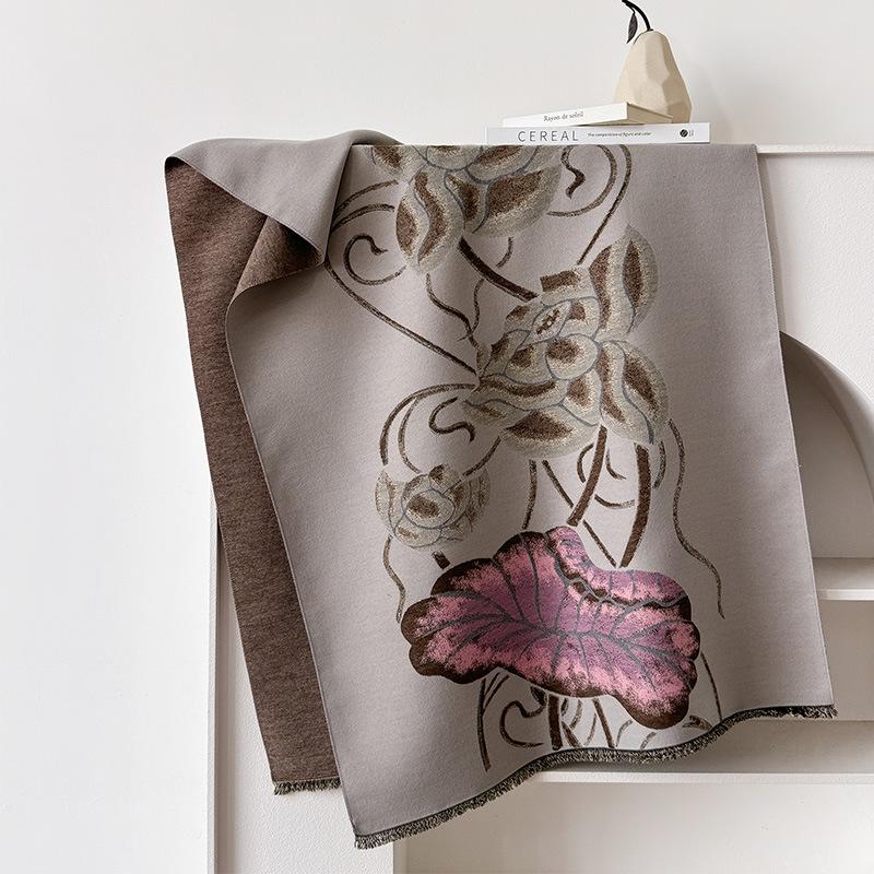 Cachecol de caxemira de imitação lótus cor contrastante dupla face cachecol de caxemira de imitação inverno sensação avançada quente