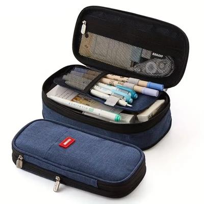 Large Two-Compartment Pencil Case Pouch Navy Blue School Organizer For Children
