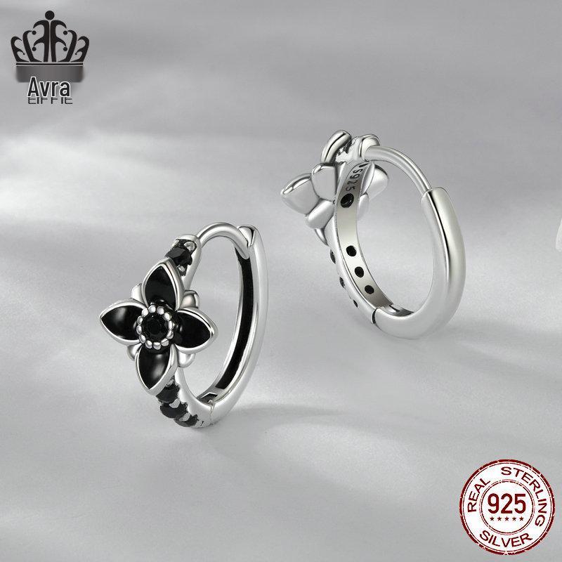 Elegant Black & White Retro Floral Earrings, S925 Sterling Silver Oxidized, Versatile Jewelry for Women