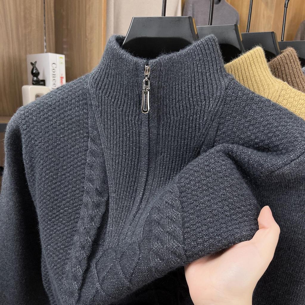 Zimní pletený svetr s půlzipem a vysokým límcem 2025 - Teplý jednobarevný svetr pro střední věk i mladé