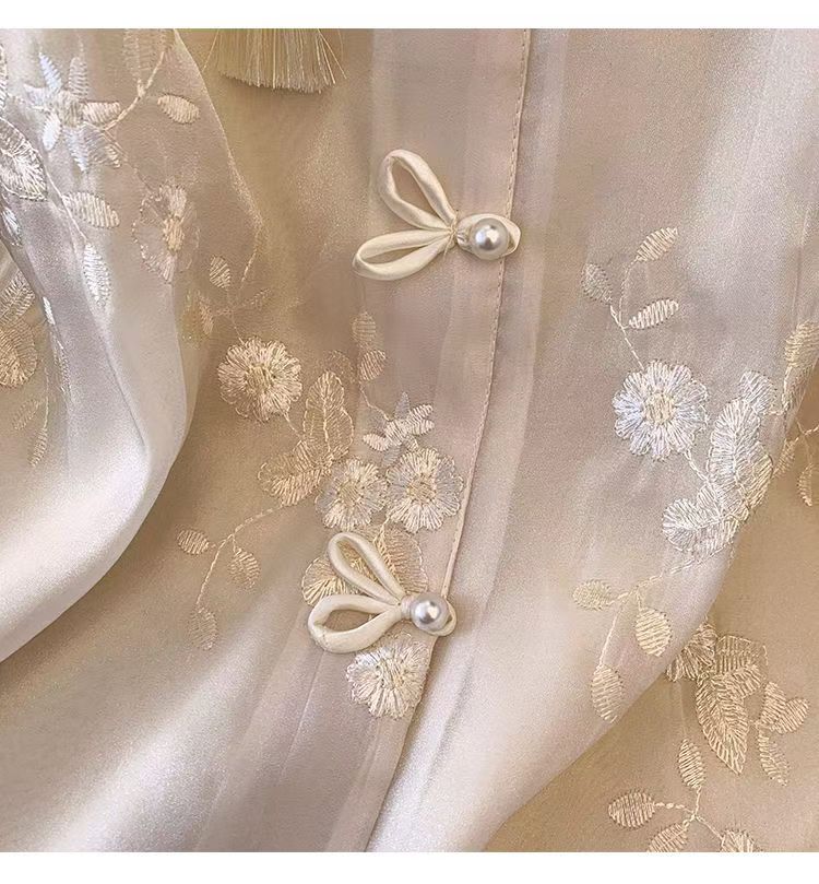 Spring Summer Chinese Style Vintage Embroidery Lace Elegant Fashion Shirt Lady Long Sleeve Stand Collar Tassel Beige Blouse