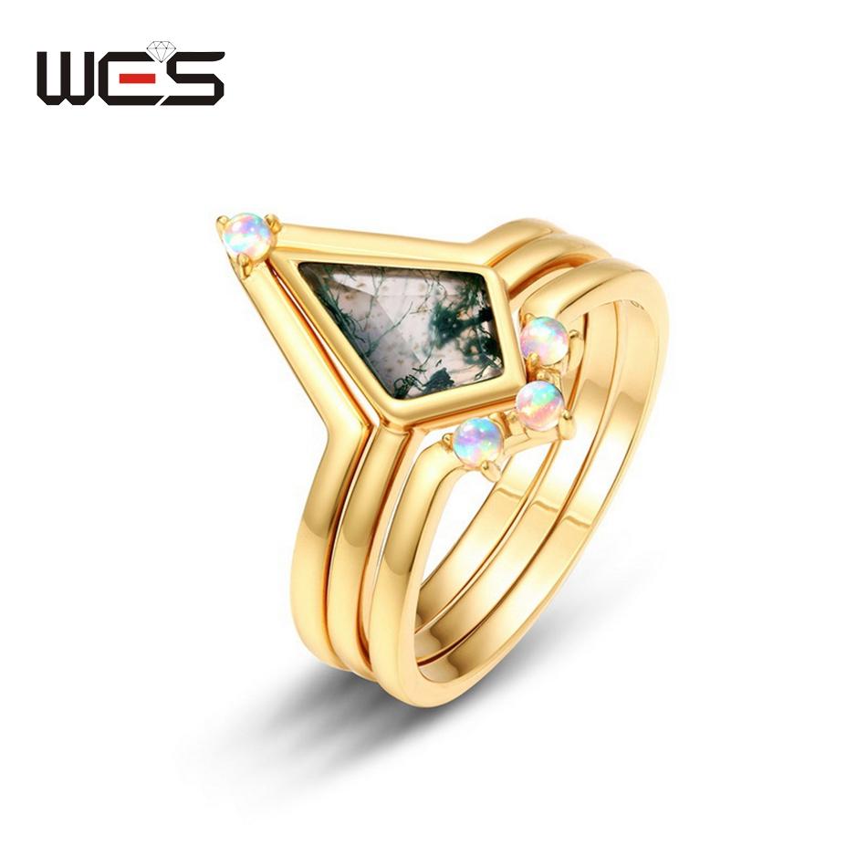WES   CopperKite Cut Natural Moss Agate Gold Ring Sets For Woman Wedding Bridal Set Valentine Gift Jewelry