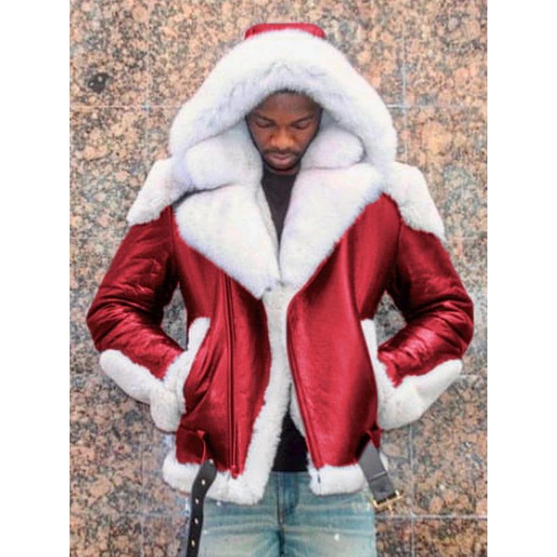 Men's Coat Pu Leather Contrasting White Hooded Fur One-piece Coat