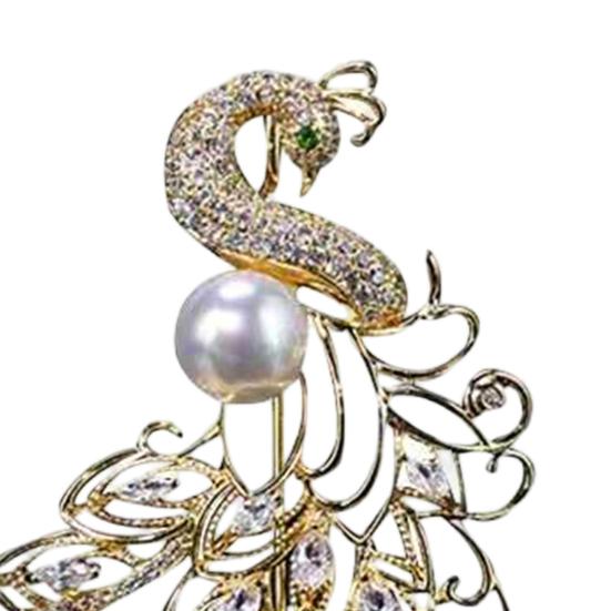 Brooch Pin Anti-Exposure Buckle Peacock Feather Design Pin with Imitation Pearls Cubic Zirconia Suits Coats Sweaters Badge